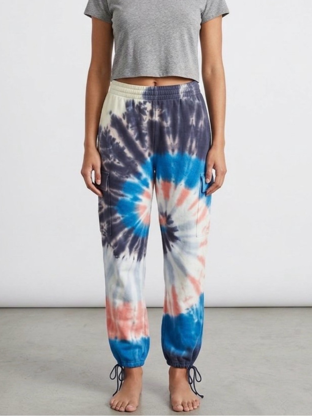 Wildfox Blue Coral White Tie-Dye Elastic Waist Joggers Cargo Pocket NEW Large